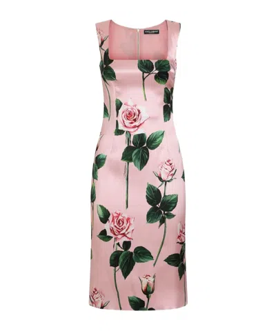 Dolce & Gabbana Pink Rose Print Satin Sheath Dress