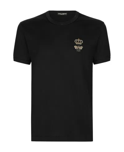 Dolce & Gabbana Embroidered Bee And Crown Cotton T-shirt In Black