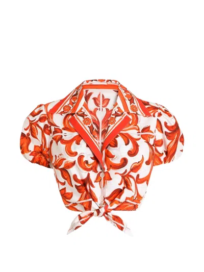 Dolce & Gabbana Camicia In Popeline Con Stampa Maiolica Bianca E Arancione Dolce E Gabbana In Orange