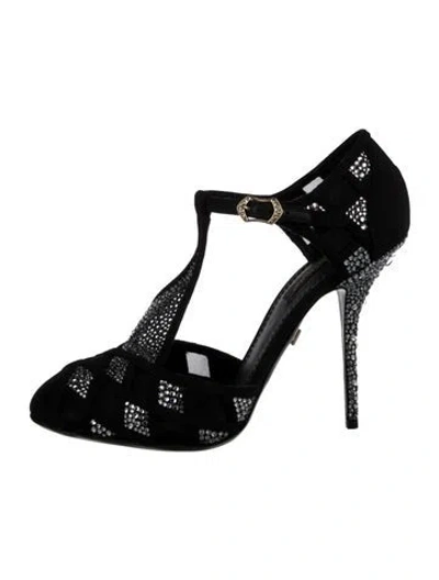 Pre-owned Dolce & Gabbana Patterned Mesh Accents T-strap Pumps In Black