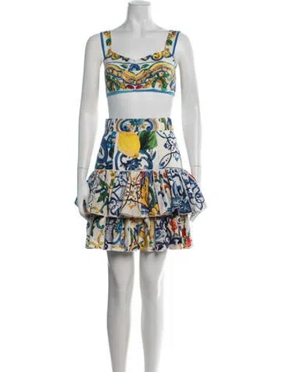 Pre-owned Dolce & Gabbana Patterned Pleated Accents Skirt Set In Blue