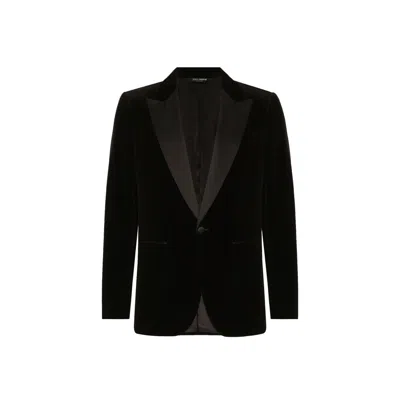 Dolce & Gabbana Peak Lapel Tuxedo Velvet Jacket With Padded Shoulders In Black