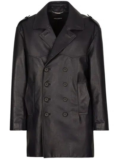 Dolce & Gabbana Peak-lapels Leather Double-breasted Coat In Blue