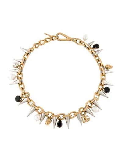 Pre-owned Dolce & Gabbana Pearl & Crystal Spike Chain Collar Necklace, 20" In Black