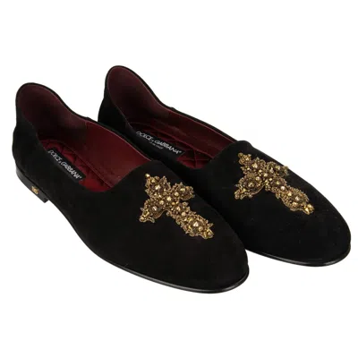 Pre-owned Dolce & Gabbana Pearl Cross Suede Loafer Shoes Mocassins Sultano Black Gold