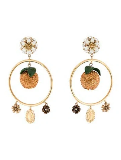 Pre-owned Dolce & Gabbana Pearl, Crystal & Resin Orange Fruit Clip-on Chandolier Earrings In Green/orange