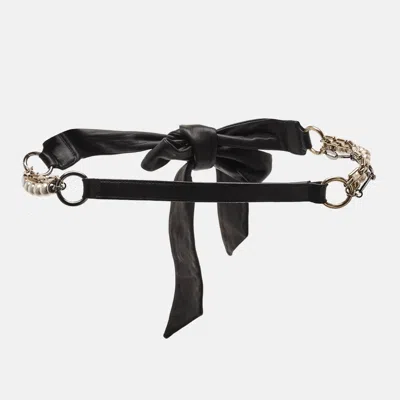 Pre-owned Dolce & Gabbana Pearl Embellished Double Wrap Waist Belt Black Leather