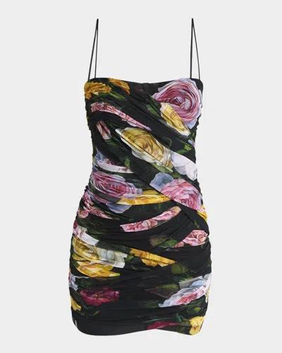 Dolce & Gabbana Peonie Rose Draped Tulle Mini Dress In Multi