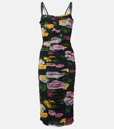DOLCE & GABBANA FLORAL RUCHED TULLE MIDI DRESS