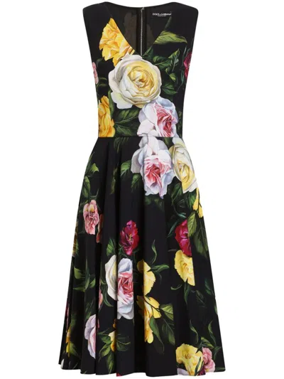 DOLCE & GABBANA PEONY AND ROSE-PRINT CADY MIDI DRESS WITH CIRCLE SKIRT