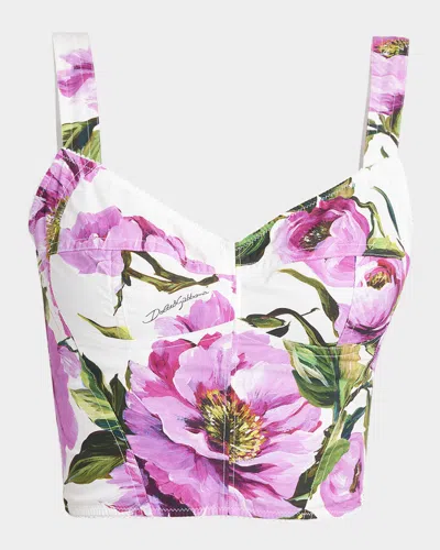 DOLCE & GABBANA PEONY-PRINT COTTON POPELINE CROP BUSTIER TOP