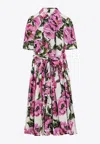 Dolce & Gabbana Pink Crewneck Dress With Logo Lettering Detail On The Front And All-over Floral Motif In Cotton Woma In Multicolor