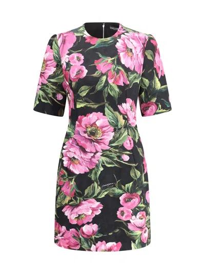 Dolce & Gabbana Black Floral Cotton Dress With Peonies