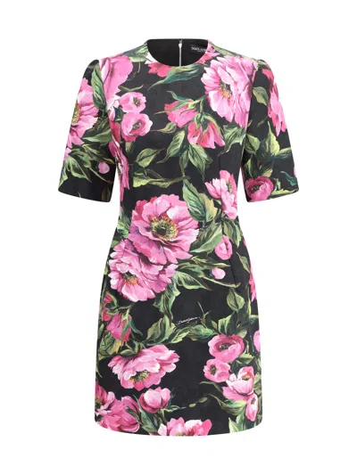 Dolce & Gabbana Black Floral Cotton Dress With Peonies