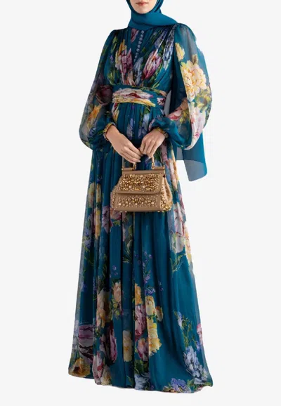 Dolce & Gabbana Peony Print Pleated Chiffon Maxi Dress In Blue