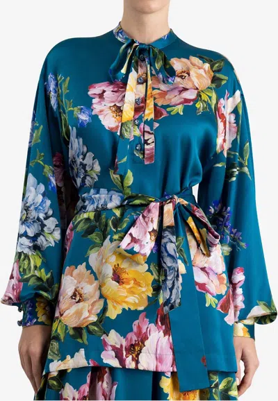 Dolce & Gabbana Peony Print Satin Shirt In Blue