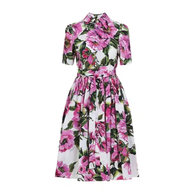 DOLCE & GABBANA DOLCE & GABBANA PEONY PRINT SHORT SLEEVED COTTON MIDI DRESS