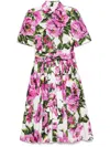 Dolce & Gabbana Pink Crewneck Dress With Logo Lettering Detail On The Front And All-over Floral Motif In Cotton Woma