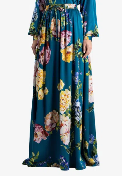 Dolce & Gabbana Peony Print Silk Maxi Skirt In Blue