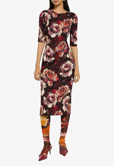 DOLCE & GABBANA PEONY PRINT SLEEVED MIDI DRESS