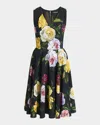 Dolce & Gabbana Peony And Rose-print Cady Midi Dress With Circle Skirt In Blkmixflow