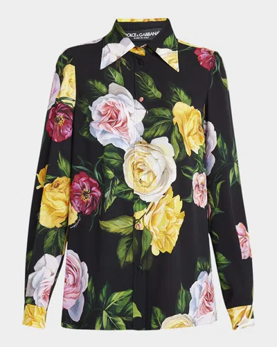 DOLCE & GABBANA PEONY ROSE-PRINT CHARMEUSE BUTTON-DOWN SHIRT