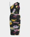 Dolce & Gabbana Tulle One-shoulder Calf-length Dress With Peony And Rose Print In Blkmixflow