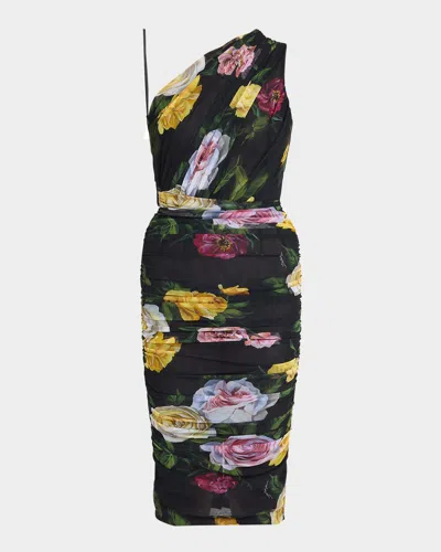 DOLCE & GABBANA PEONY ROSE-PRINT ONE-SHOULDER RUCHED TULLE DRESS