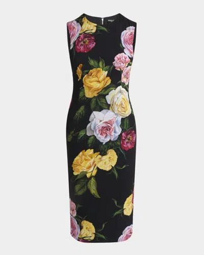 DOLCE & GABBANA PEONY ROSE PRINT SLEEVELESS CHARMEUSE MIDI DRESS