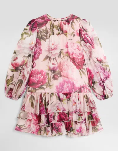 Dolce & Gabbana Kids' Robe En Chiffon À Imprimé Pivoines In Pink