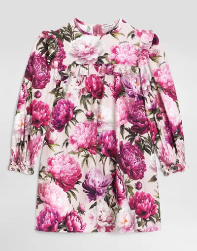 Dolce & Gabbana Kids' Peony-print Cotton Flannel Dress In Multi