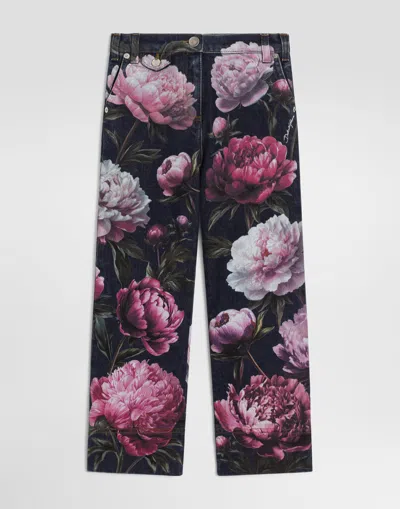 Dolce & Gabbana Peony-print Denim Trousers In Black