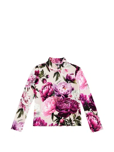 Dolce & Gabbana Kids' Peony-print Interlock Mock-neck Top In Multi