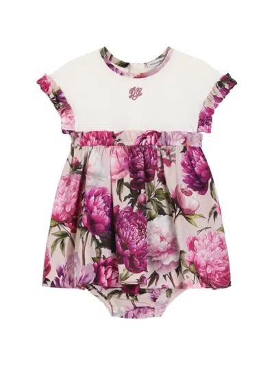 Dolce & Gabbana Babies' Peony-print Mix Material Dress In Neutrals