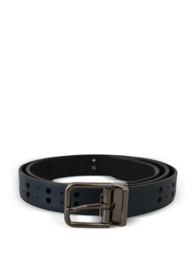 Dolce & Gabbana Perforated Skinny Leather Belt Metal Buckle In Blue