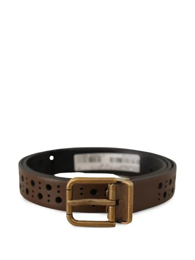 Dolce & Gabbana Leather Perforated Crown Design Belt In Brown
