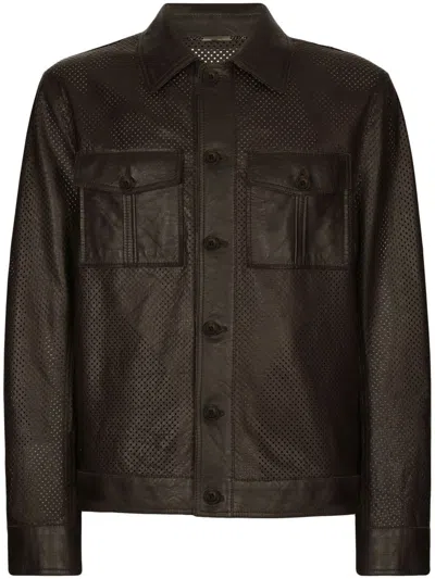 Dolce & Gabbana Perforated Leather Shirt Jacket In Brown