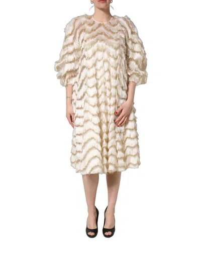 Dolce & Gabbana Peserico Ivory Fringe Layered Shift Midi Dress In Neutral