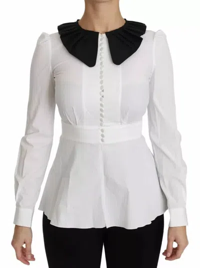 Dolce & Gabbana White Collared Long Sleeve Blouse Cotton Top