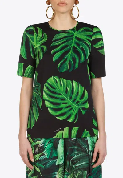 Dolce & Gabbana Philodendron Print Silk Blouse In Green