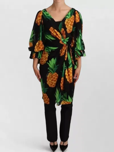 Dolce & Gabbana Pineapple Print Wrap Silk Chiffon Dress In Multi