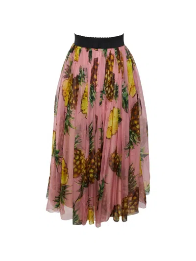 Pre-owned Dolce & Gabbana Pineapple-print Silk Midi Skirt In Pink