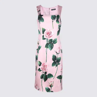 Dolce & Gabbana Pink Rose Print Satin Sheath Dress