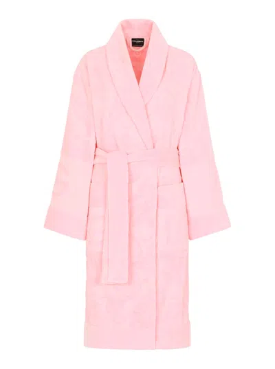Dolce & Gabbana Pink Bathrobe With Front Belt Closure And Two Front Maxi Patch Pockets In Cotton Home In Multi