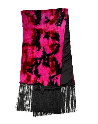 Dolce & Gabbana Pink Black Faux Fur Neck Wrap Fringes 200cm X 59cm Women's Scarf