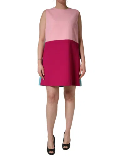 Dolce & Gabbana Pink Blue Wool Sleeveless Shift Mini  Dress