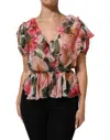 Dolce & Gabbana Pink Camellias Printed Silk V-neck Blouse Top In Multi