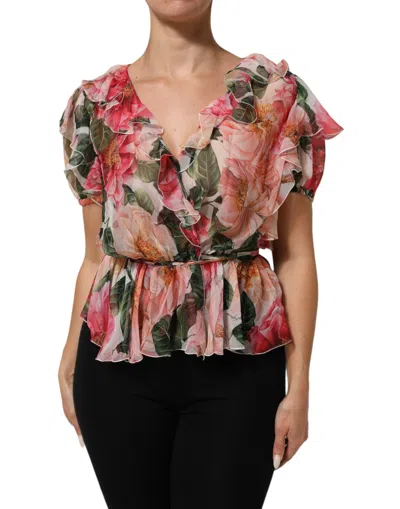 Dolce & Gabbana Pink Camellias Printed Silk V-neck Blouse Top In Multi