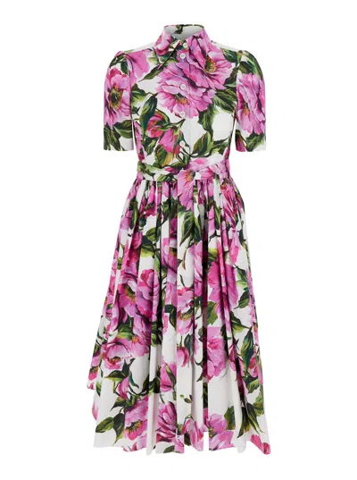 DOLCE & GABBANA DOLCE & GABBANA PINK CREWNECK DRESS WITH LOGO LETTERING DETAIL ON THE FRONT AND ALL-OVER FLORAL MOTI