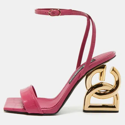 Pre-owned Dolce & Gabbana Pink Croc Embossed Leather Ankle Strap Sandals Size 39